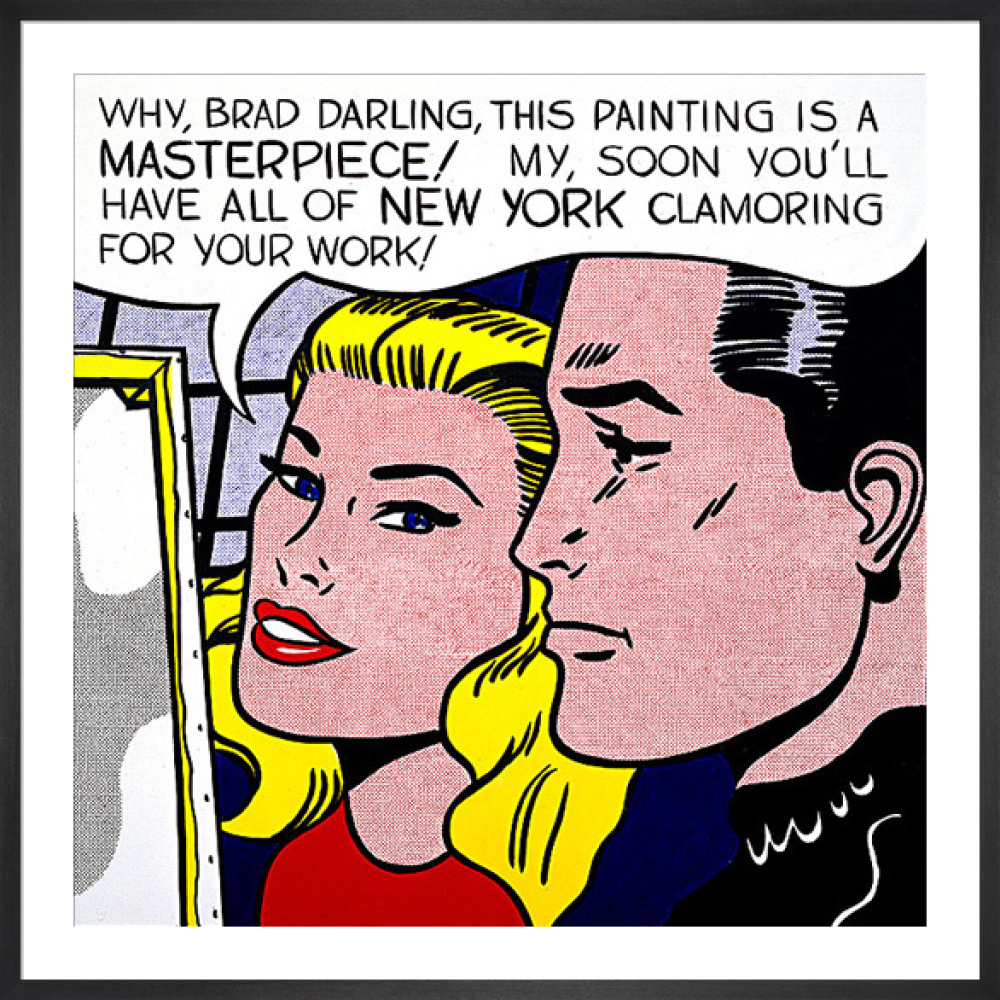 A comic book panel of a blonde woman telling an artist named Brad that his painting is a masterpiece.
